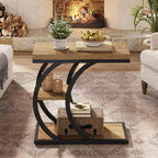 Table d'appoint Lantine pour salon, table d'appoint étroite en bois à 3 niveaux en forme de C avec rangement pour petits espaces, marron