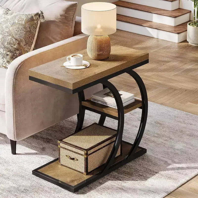 Table d'appoint Lantine pour salon, table d'appoint étroite en bois à 3 niveaux en forme de C avec rangement pour petits espaces, marron