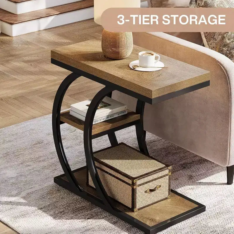 Table d'appoint Lantine pour salon, table d'appoint étroite en bois à 3 niveaux en forme de C avec rangement pour petits espaces, marron