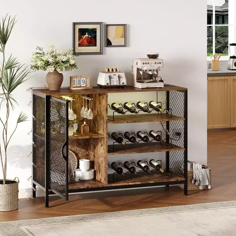 Meuble bar à café, meuble à vin industriel de 107/119 cm avec lumières LED et prises de courant, bois marron rustique avec supports à verres