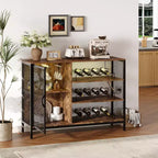 Meuble bar à café, meuble à vin industriel de 107/119 cm avec lumières LED et prises de courant, bois marron rustique avec supports à verres