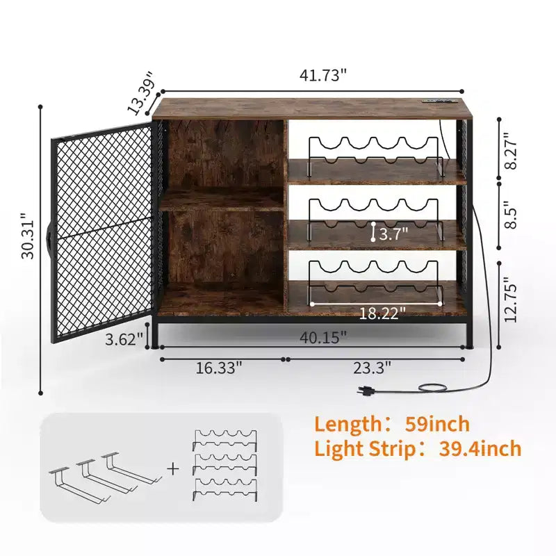 Meuble bar à café, meuble à vin industriel de 107/119 cm avec lumières LED et prises de courant, bois marron rustique avec supports à verres