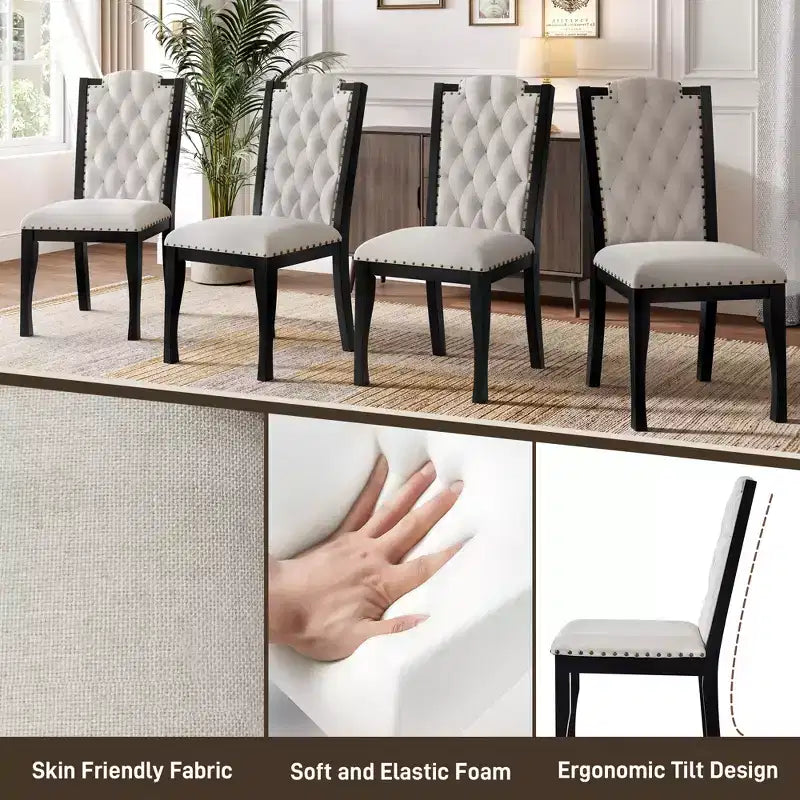 Chaises de salle à manger capitonnées GDFStudio Ziegler avec dossier haut capitonné à losanges et pieds en bois massif (lot de 4)