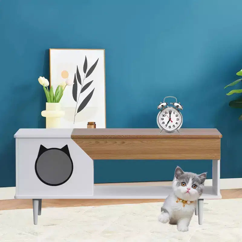 Table basse niche pour chat avec rangement, table centrale moderne style ferme 2 en 1 et condo pour chat pour salon