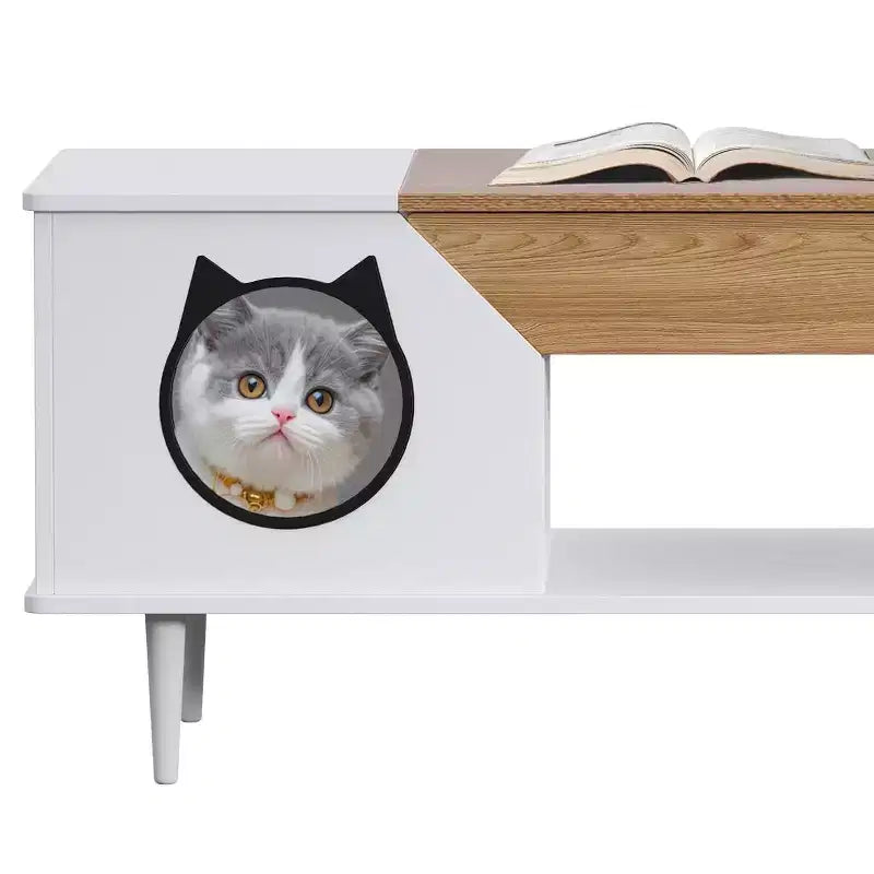 Table basse niche pour chat avec rangement, table centrale moderne style ferme 2 en 1 et condo pour chat pour salon