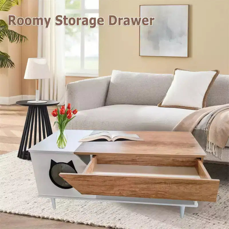Table basse niche pour chat avec rangement, table centrale moderne style ferme 2 en 1 et condo pour chat pour salon