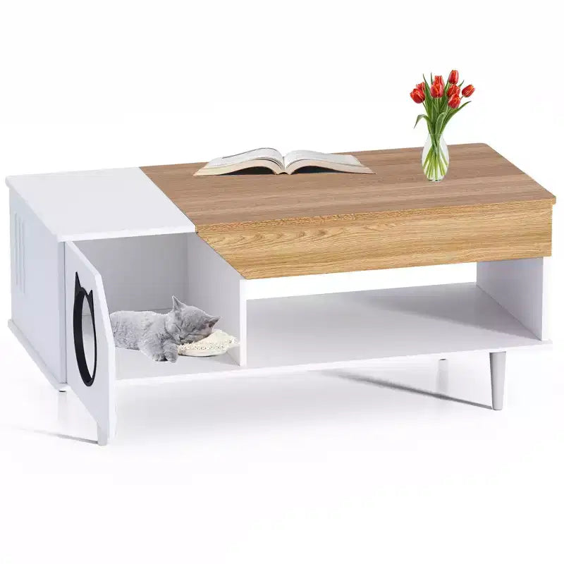 Table basse niche pour chat avec rangement, table centrale moderne style ferme 2 en 1 et condo pour chat pour salon
