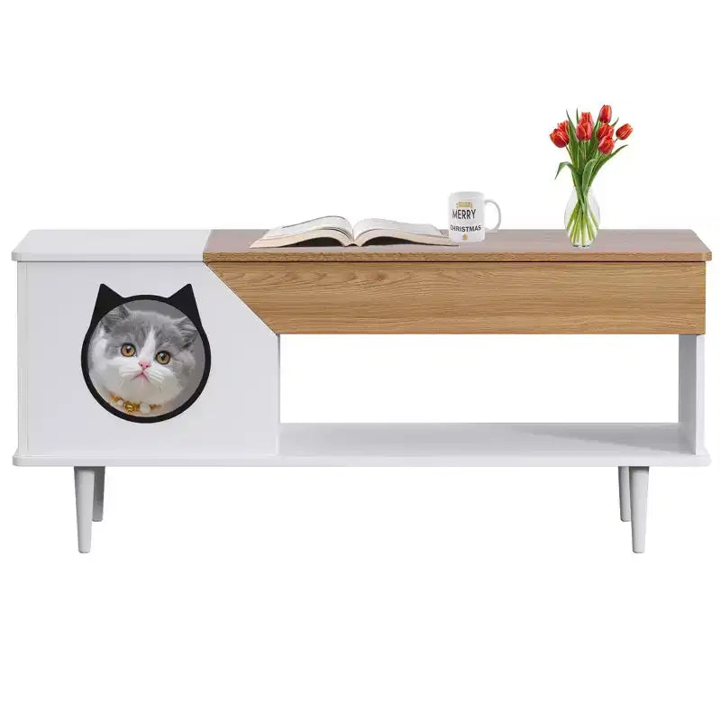Table basse niche pour chat avec rangement, table centrale moderne style ferme 2 en 1 et condo pour chat pour salon