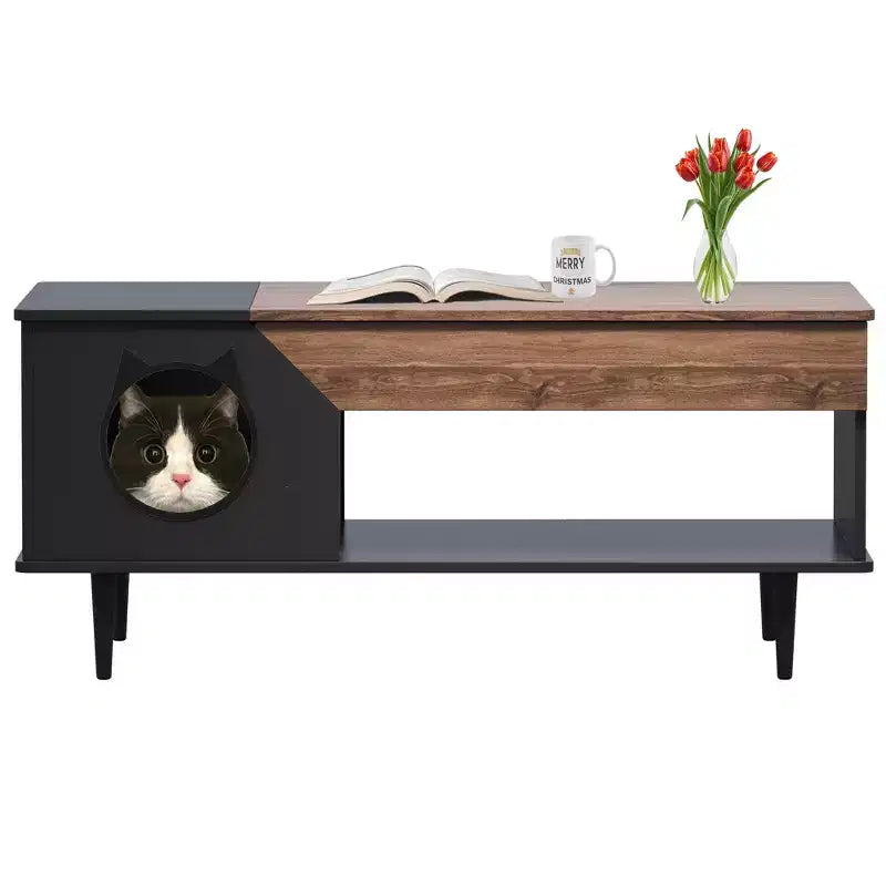 Table basse niche pour chat avec rangement, table centrale moderne style ferme 2 en 1 et condo pour chat pour salon