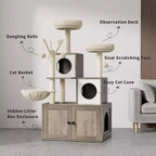 Meuble cache-litière pour chat en bois à plusieurs niveaux avec poteau à griffer et grotte pour chat, Meuble cache-litière pour chat avec poteau à griffer en sisal, Coin douillet