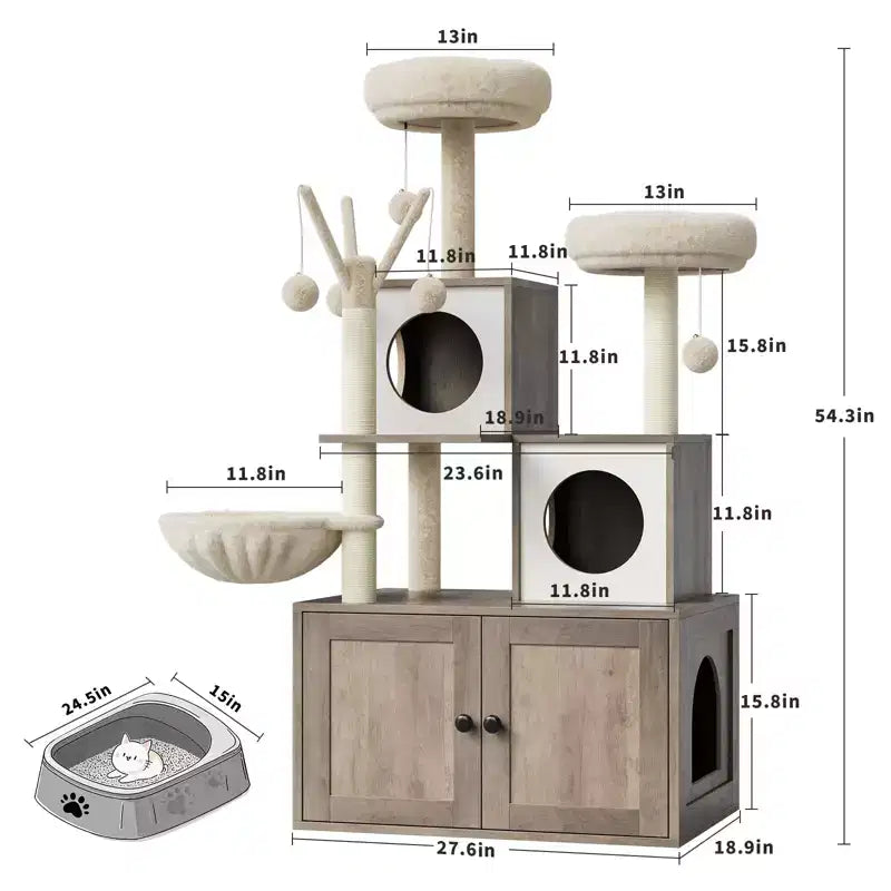 Meuble cache-litière pour chat en bois à plusieurs niveaux avec poteau à griffer et grotte pour chat, Meuble cache-litière pour chat avec poteau à griffer en sisal, Coin douillet