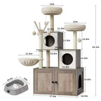 Meuble cache-litière pour chat en bois à plusieurs niveaux avec poteau à griffer et grotte pour chat, Meuble cache-litière pour chat avec poteau à griffer en sisal, Coin douillet