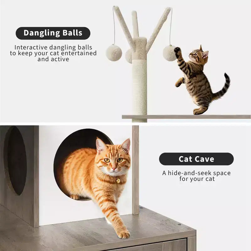 Meuble cache-litière pour chat en bois à plusieurs niveaux avec poteau à griffer et grotte pour chat, Meuble cache-litière pour chat avec poteau à griffer en sisal, Coin douillet