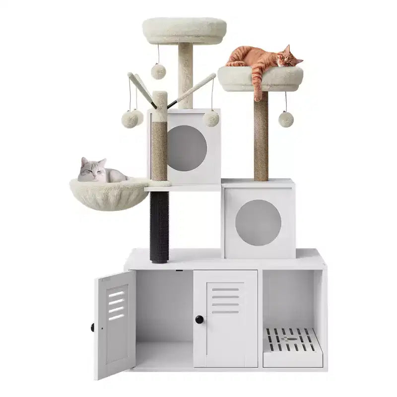 Meuble cache-litière pour chat en bois à plusieurs niveaux avec poteau à griffer et grotte pour chat, Meuble cache-litière pour chat avec poteau à griffer en sisal, Coin douillet
