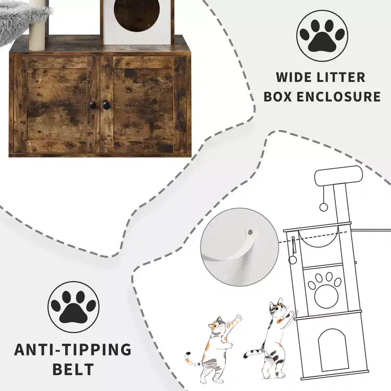 Meuble cache-litière pour chat en bois à plusieurs niveaux avec poteau à griffer et grotte pour chat, Meuble cache-litière pour chat avec poteau à griffer en sisal, Coin douillet