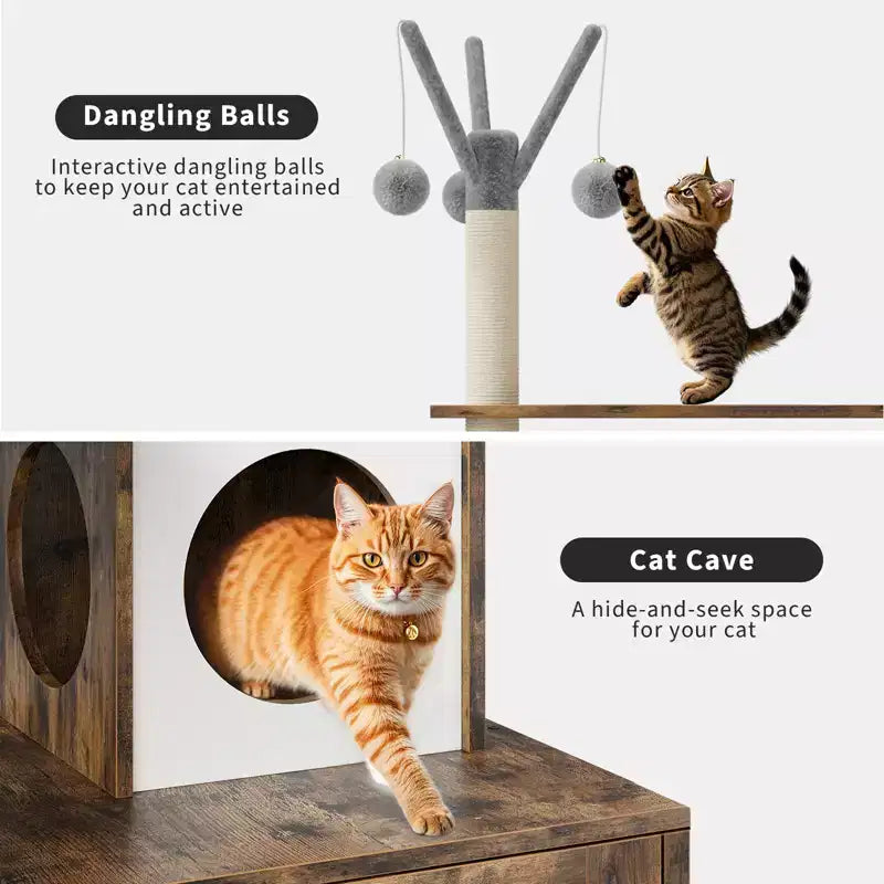 Meuble cache-litière pour chat en bois à plusieurs niveaux avec poteau à griffer et grotte pour chat, Meuble cache-litière pour chat avec poteau à griffer en sisal, Coin douillet