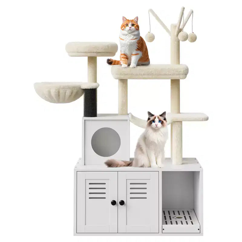 Meuble cache-litière pour chat en bois à plusieurs niveaux avec poteau à griffer et grotte pour chat, Meuble cache-litière pour chat avec poteau à griffer en sisal, Coin douillet