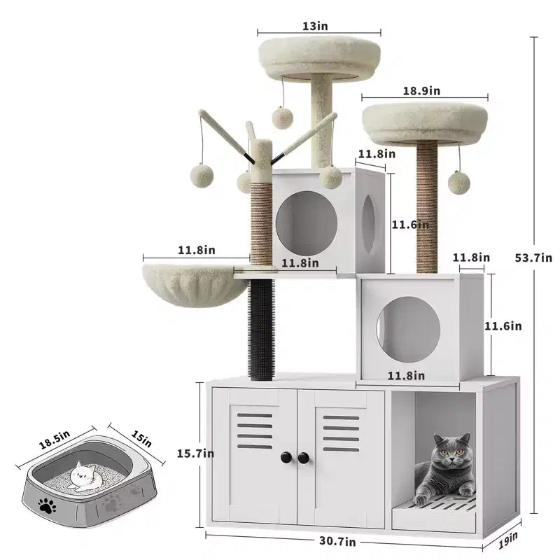 Meuble cache-litière pour chat en bois à plusieurs niveaux avec poteau à griffer et grotte pour chat, Meuble cache-litière pour chat avec poteau à griffer en sisal, Coin douillet