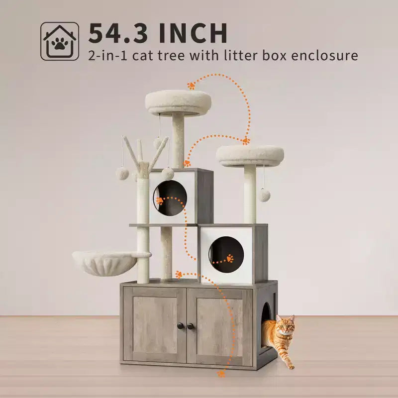 Meuble cache-litière pour chat en bois à plusieurs niveaux avec poteau à griffer et grotte pour chat, Meuble cache-litière pour chat avec poteau à griffer en sisal, Coin douillet