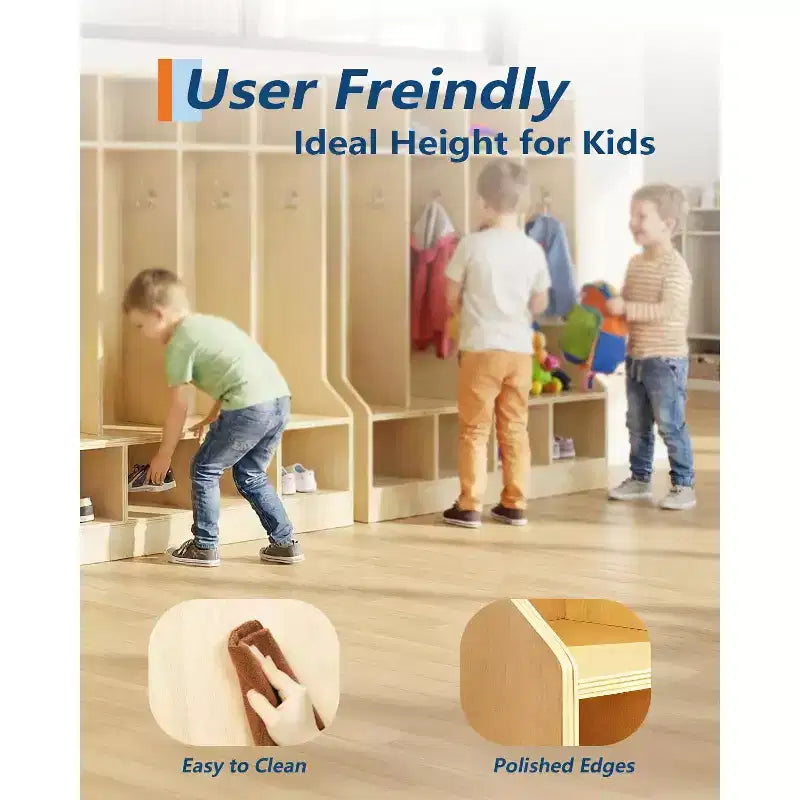 Banc porte-manteaux en bois pour enfants, casiers de rangement à 10 compartiments avec crochets, surface lisse et roulettes dissimulées pour la salle de classe, la garderie, l'école ou la maison