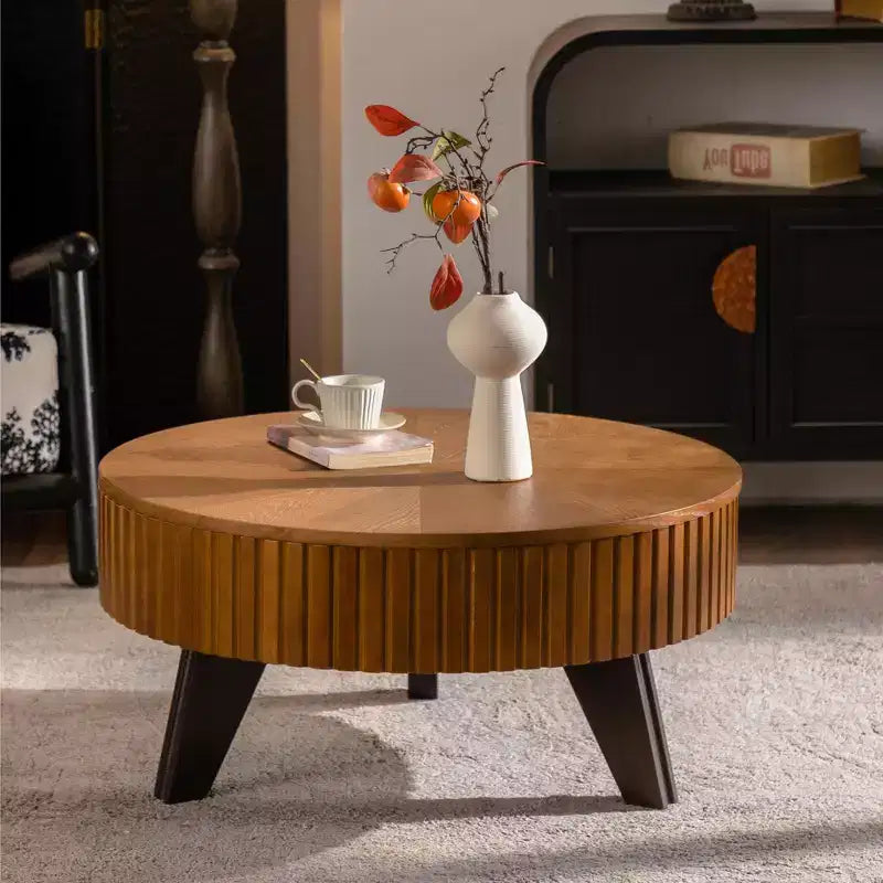 Table basse ronde ModernLuxe rétro avec rangement dissimulé, table d'appoint de salon en bois de style Mid-Century