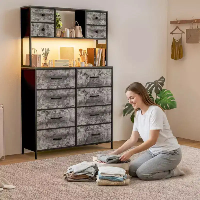 Commode avec 12 tiroirs en tissu, commode de chambre avec station de recharge, commodes et chiffonniers
