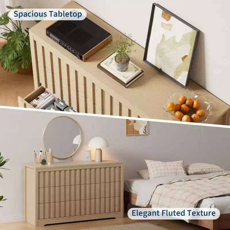 Commode cannelée moderne pour chambre à coucher, commode en bois, organiseur de rangement sans poignées avec tiroirs profonds pour vêtements pour salon et couloir