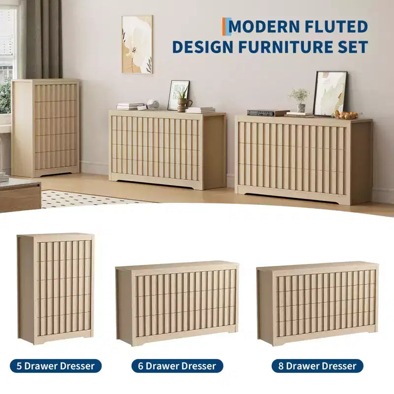 Commode cannelée moderne pour chambre à coucher, commode en bois, organiseur de rangement sans poignées avec tiroirs profonds pour vêtements pour salon et couloir