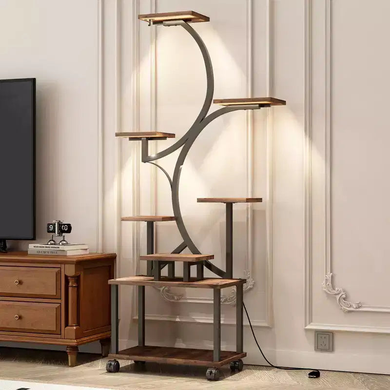 JVNOXK Support de Plante d'Angle de 157 cm de Haut avec Lumières, pour Plantes d'Intérieur, Étagère à Fleurs à 8 Niveaux, Étagère Décorative en Forme de S pour Salon, Noir