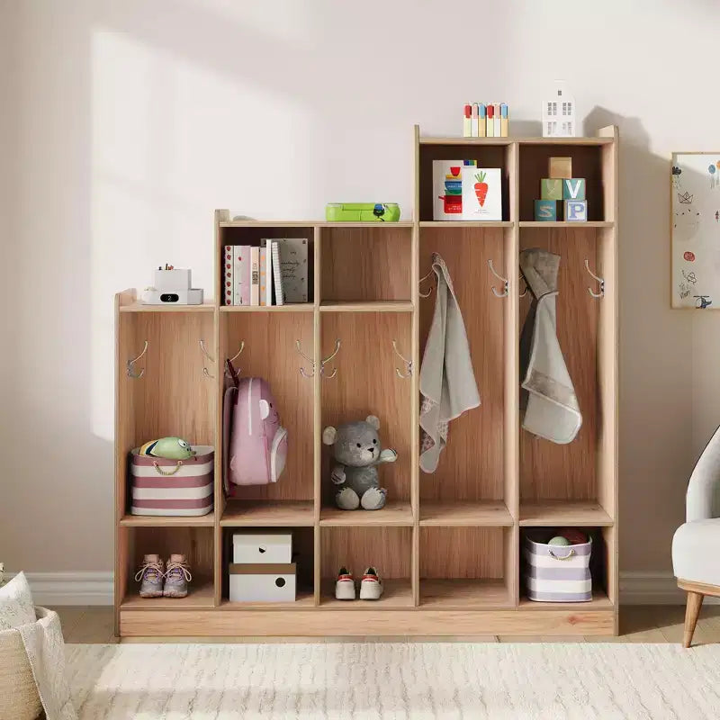 Porte-manteau pour enfant – 5 compartiments avec 9 casiers, 10 crochets et dispositif anti-basculement, meuble de rangement durable en bois pour entrée, chambre, salle de jeux