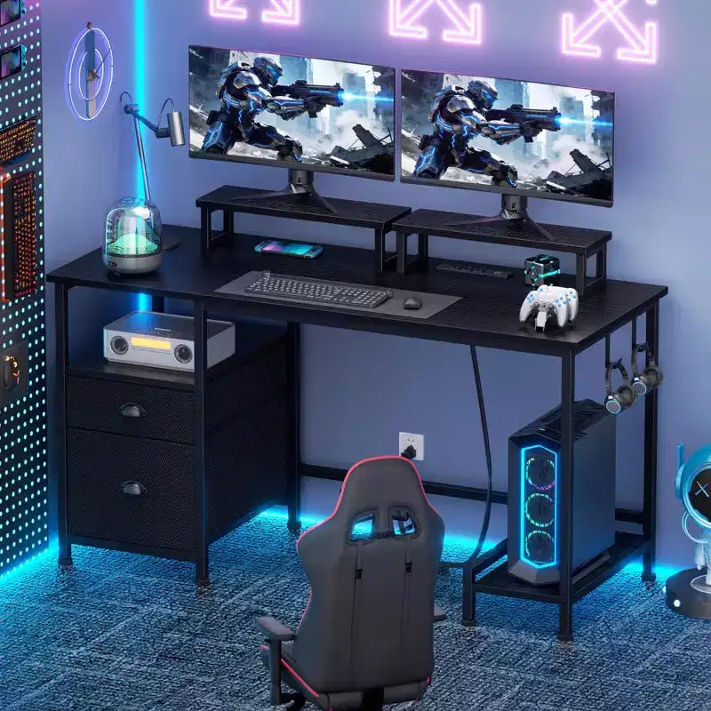 47 Inch Black Computer Desk with Charging Station File Cabinet Home Office Gaming Desk 2 Monitor Stands Storage Drawer Shelves Writing Table Bedroom