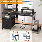 Bureau d'ordinateur noir de 47 pouces avec station de charge, classeur, bureau de jeu pour la maison, 2 supports de moniteur, tiroir de rangement, étagères, table d'écriture pour chambre à coucher