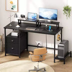 Bureau d'ordinateur noir de 47 pouces avec station de charge, classeur, bureau de jeu pour la maison, 2 supports de moniteur, tiroir de rangement, étagères, table d'écriture pour chambre à coucher