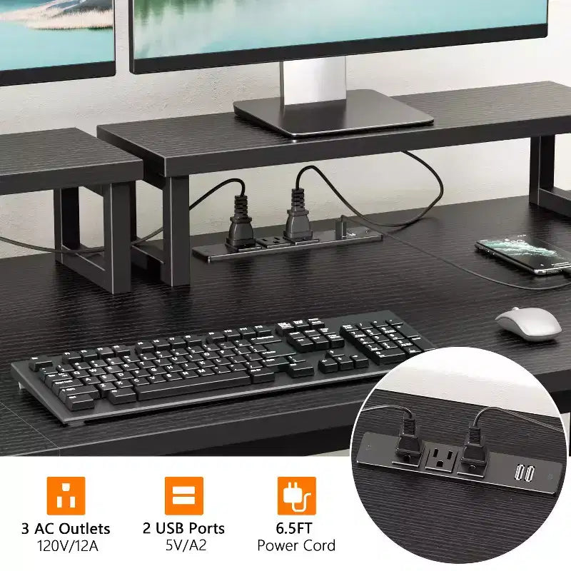 Bureau d'ordinateur noir de 47 pouces avec station de charge, classeur, bureau de jeu pour la maison, 2 supports de moniteur, tiroir de rangement, étagères, table d'écriture pour chambre à coucher