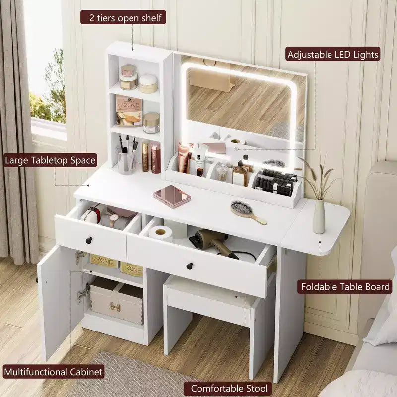 Coiffeuse de Maquillage avec Miroir et Lumières, Ensemble Coiffeuse avec Prise & Tiroirs & Étagère Ouverte & Meuble de Rangement, Ensemble Table de Maquillage pour Chambre à Coucher
