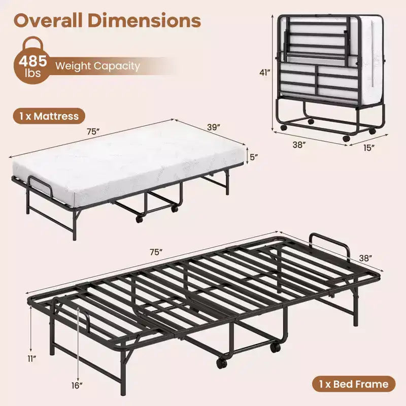 Lit pliant double Costway avec matelas de 5 pouces, matelas en mousse à mémoire de forme et cadre à lattes métalliques