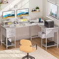 Qwatto 59 Inch White L Shaped Computer Desk with Charging Station Two Person Gaming Desk 4 Drawers 2 Monitor Stands Home Office Corner Workstation