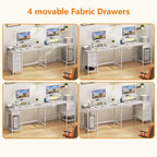 Bureau d'angle en forme de L Qwatto de 150 cm blanc avec station de charge, bureau de jeu pour deux personnes, 4 tiroirs, 2 supports d'écran, poste de travail de bureau à domicile.