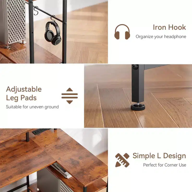Bureau d'ordinateur d'angle en L marron de 55 pouces avec station de charge, bureau de jeu réversible, lumières LED, meuble de classement, support de moniteur, étagères de rangement, bureau à domicile