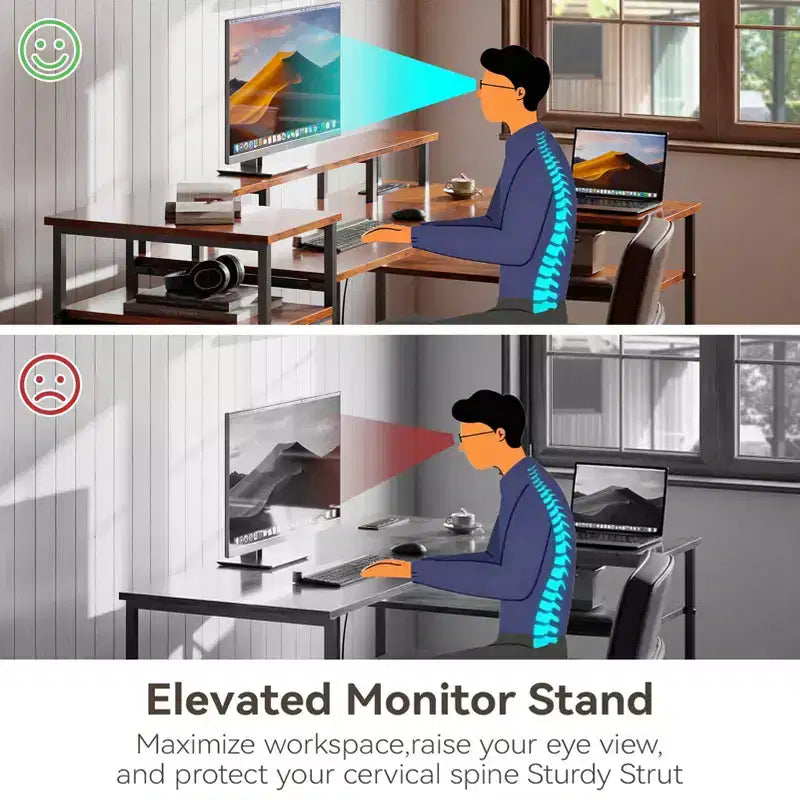 Bureau d'ordinateur d'angle en L marron de 55 pouces avec station de charge, bureau de jeu réversible, lumières LED, meuble de classement, support de moniteur, étagères de rangement, bureau à domicile
