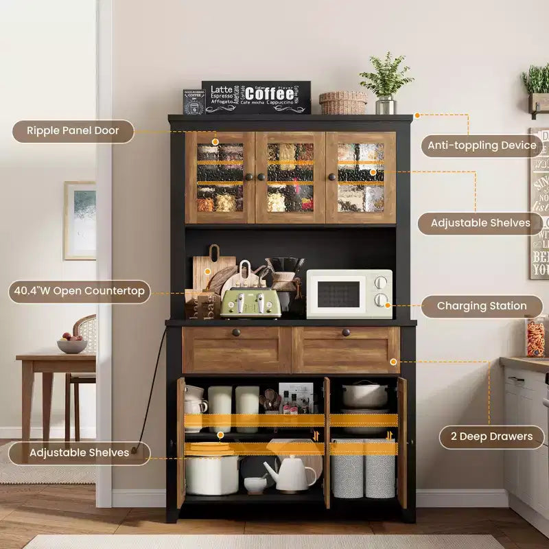 Armoire de cuisine haute de 66 po avec lumières DEL et station de recharge, armoire de rangement de cuisine, buffet de cuisine, bar à café avec tiroirs de rangement