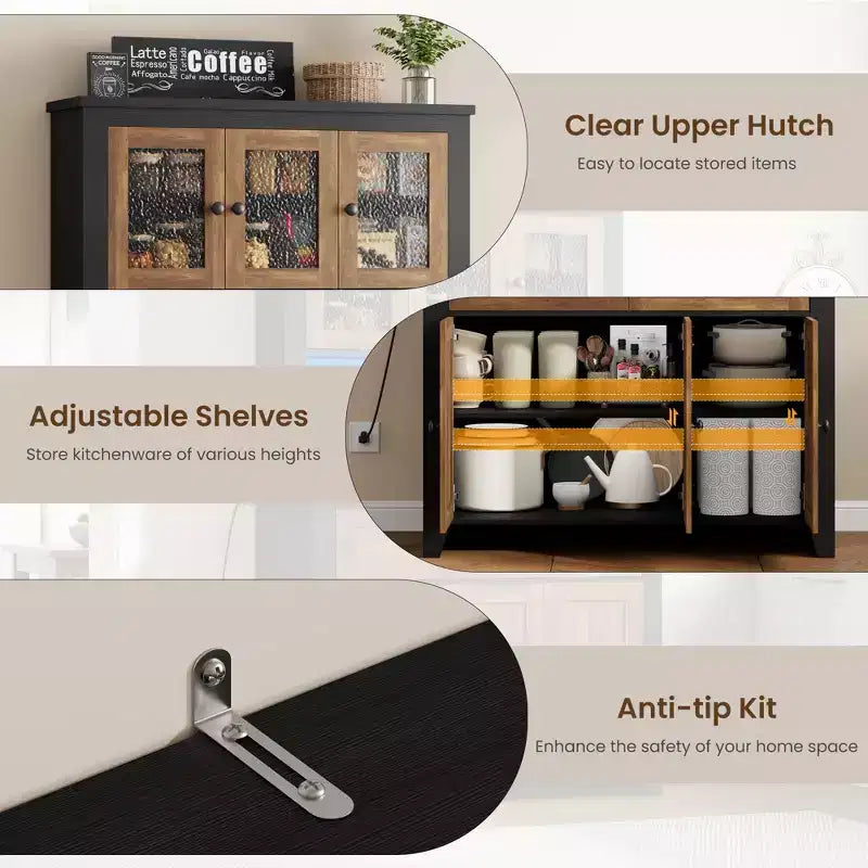 Armoire de cuisine haute de 66 po avec lumières DEL et station de recharge, armoire de rangement de cuisine, buffet de cuisine, bar à café avec tiroirs de rangement