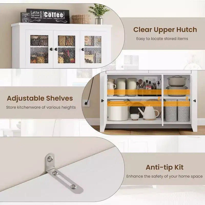 Armoire de cuisine haute de 66 po avec lumières DEL et station de recharge, armoire de rangement de cuisine, buffet de cuisine, bar à café avec tiroirs de rangement