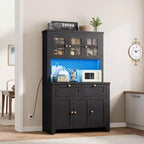 Armoire de cuisine haute de 66 po avec lumières DEL et station de recharge, armoire de rangement de cuisine, buffet de cuisine, bar à café avec tiroirs de rangement