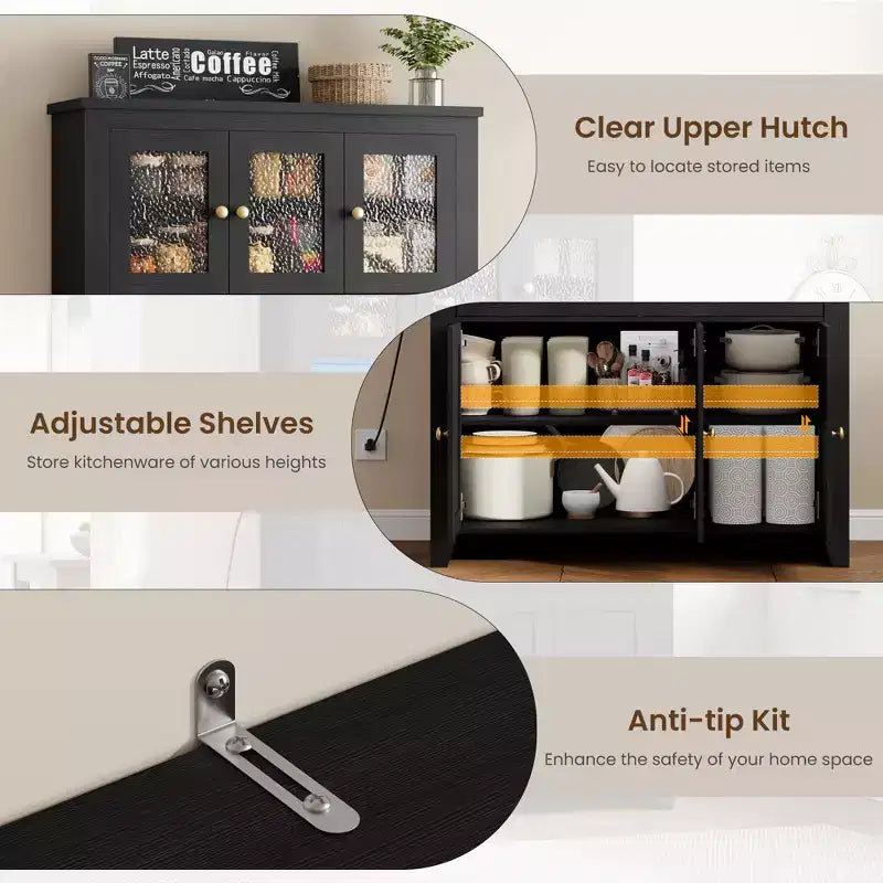 Armoire de cuisine haute de 66 po avec lumières DEL et station de recharge, armoire de rangement de cuisine, buffet de cuisine, bar à café avec tiroirs de rangement