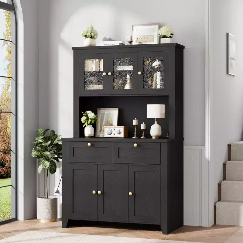 Armoire de cuisine haute de 66 po avec lumières DEL et station de recharge, armoire de rangement de cuisine, buffet de cuisine, bar à café avec tiroirs de rangement