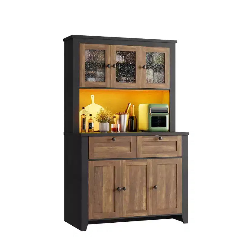Armoire de cuisine haute de 66 po avec lumières DEL et station de recharge, armoire de rangement de cuisine, buffet de cuisine, bar à café avec tiroirs de rangement