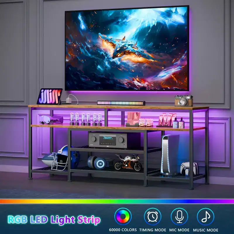 Meuble TV marron de 55 pouces avec station de charge, lumières LED, centre de divertissement pour téléviseurs jusqu'à 60 pouces, étagères de rangement pour salon et chambre à coucher