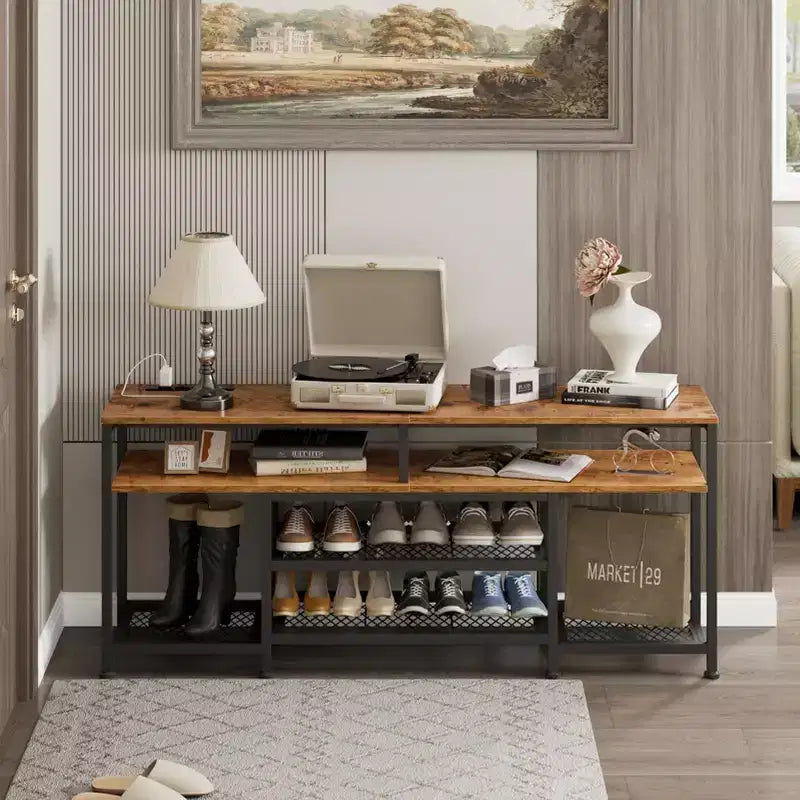 Meuble TV marron de 55 pouces avec station de charge, lumières LED, centre de divertissement pour téléviseurs jusqu'à 60 pouces, étagères de rangement pour salon et chambre à coucher