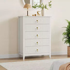 Commode à 5 tiroirs cannelés de 42,9 po de haut, commode en bois au design moderne ondulé avec poignées métalliques pour chambre et à coucher et salon